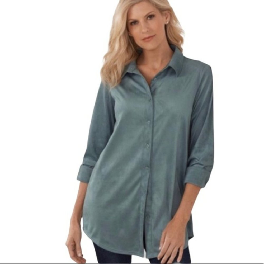 Soft Surroundings Faux Suede Shirt - M - Sage Green - Shacket